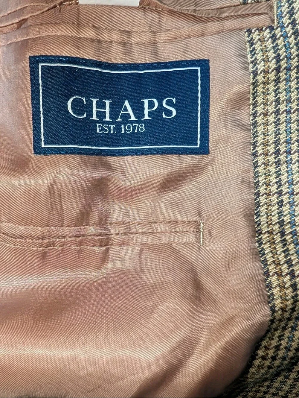 Chaps Blazer Sport Coat Silk Herringbone Tan Brown Blue 46R